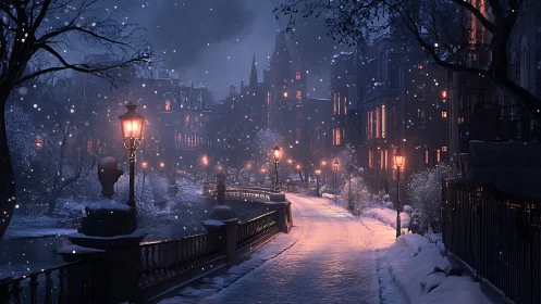 Snow-covered riverside street with illuminated lampposts at night.