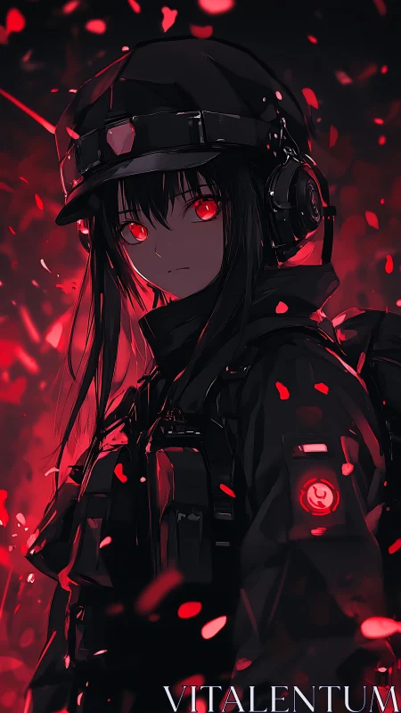 Red eyed anime soldier girl in tactical gear at night.