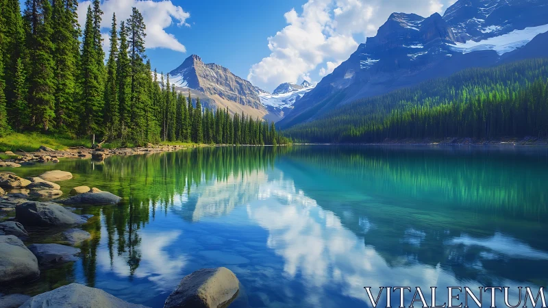 Tranquil mountain lake cradled by pines and bright blue sky.