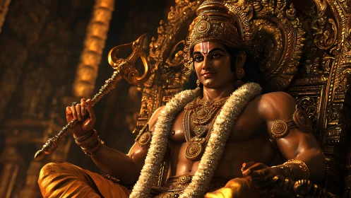 Regal warrior deity on molten gold throne of quiet thunder.
