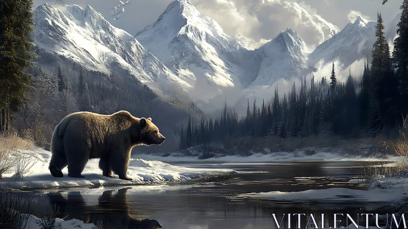 Solitary winter grizzly patrolling a glassy alpine river.