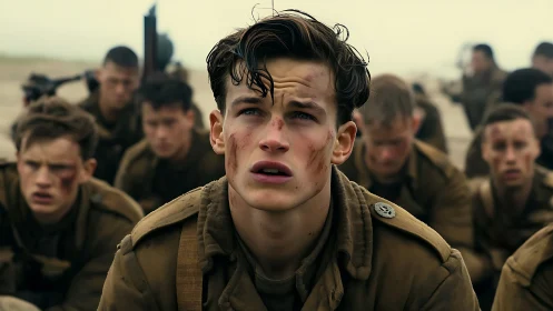 Young soldier’s gaze amid chaos on a misty battlefield.