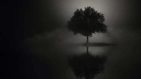 Solitary silhouetted tree on misty reflective lakeshore.