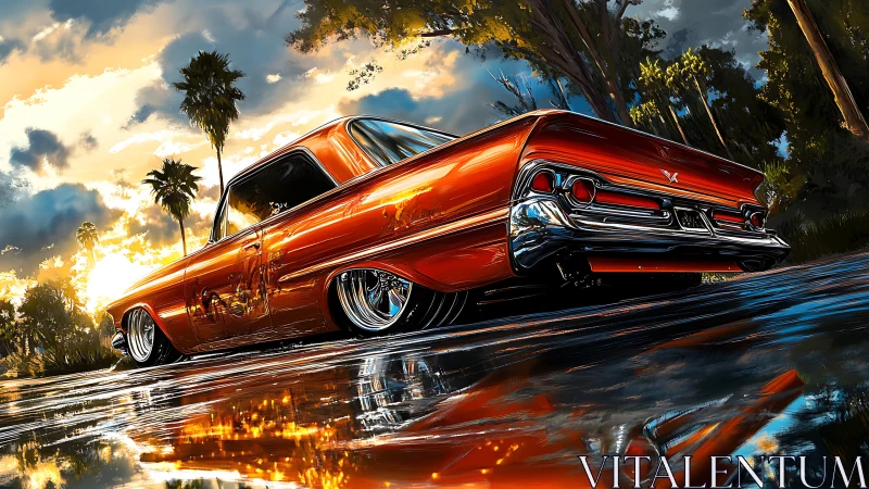 Sunset cruise lets a classic lowrider glow on wet streets