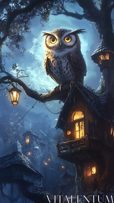Moonlit owl guardian above glowing forest treehouses.