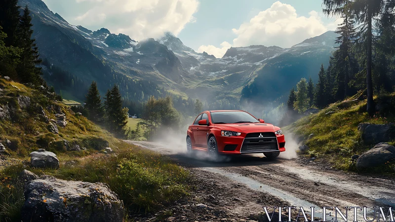 Red rally car powers through rugged alpine dirt trail.