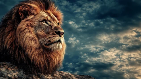 Male lion profile on rocky ledge under cloudy sky.