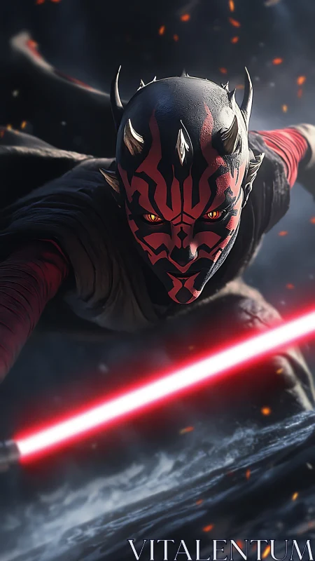 Sith warrior with red lightsaber in dynamic combat pose.