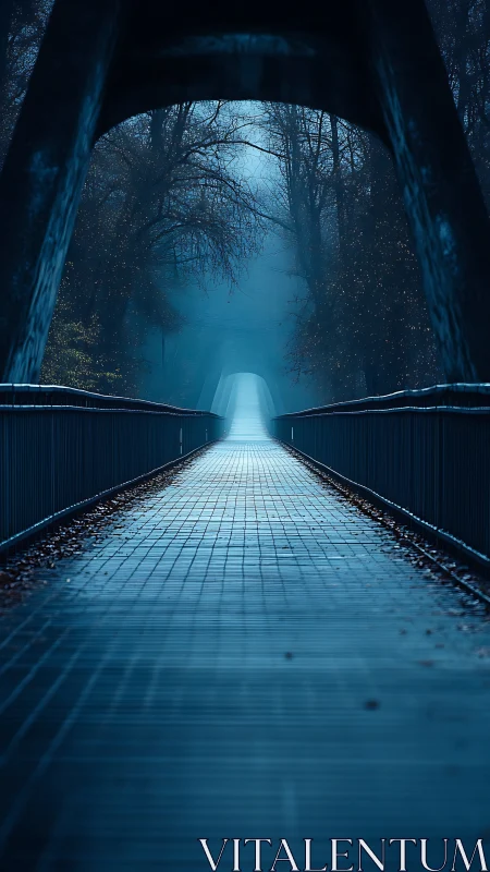Linear-perspective steel bridge receding into blue atmospheric fog