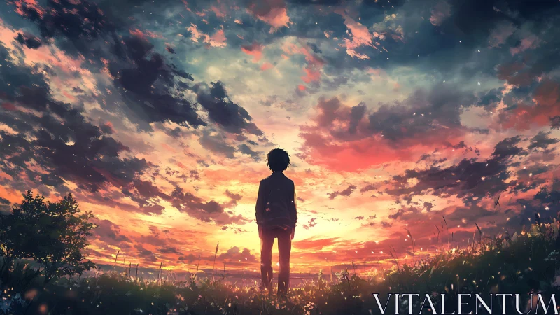 Solitary silhouette under vivid anime sunset sky.