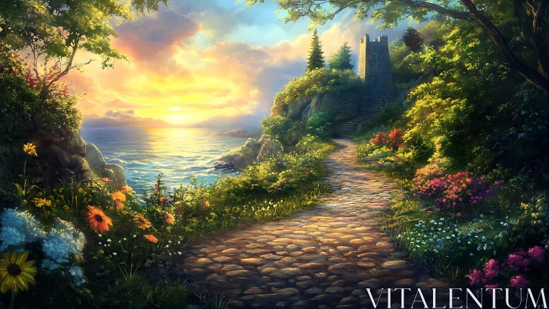 Sunlit garden path winding toward a quiet coastal tower.