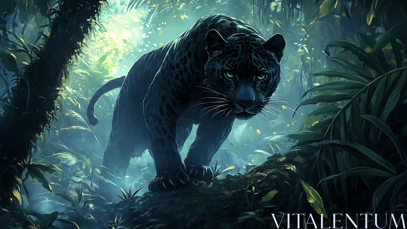 Black panther positioned in dense jungle with illuminated canopy