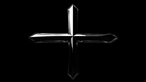 Gleaming glassy cross glowing softly against deep black.