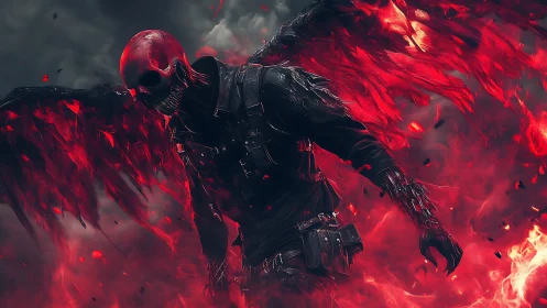 Winged skeletal figure in red flames with tactical gear.