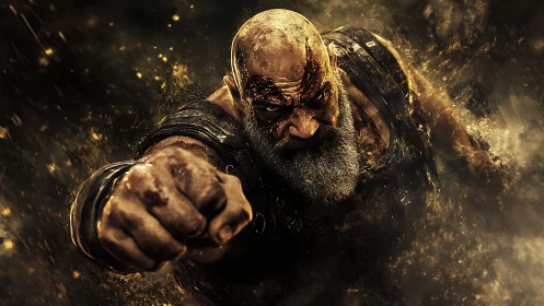 Bearded warrior lunging forward with powerful punch