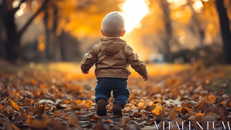 Toddler Walking Through Autumn Leaves on Tree-Lined Path