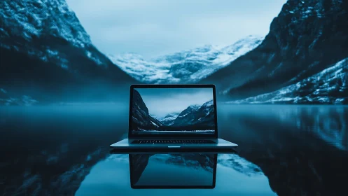 Laptop window opens onto a tranquil mirrored mountain lake.