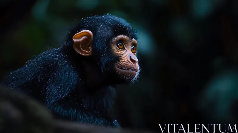 Young chimpanzee gazes sideways in low light rainforest