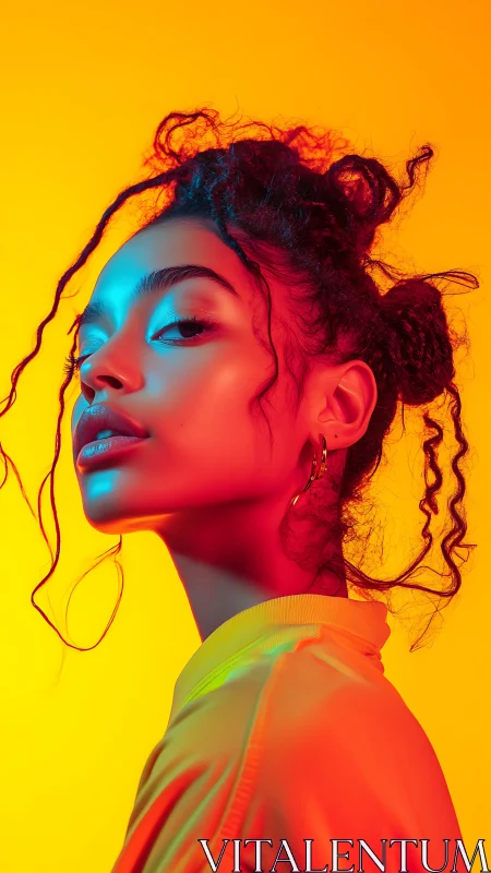 Bold neon portrait glows with radiant color and quiet confidence