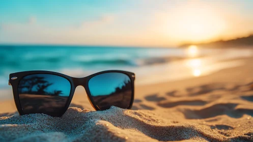 Sunglasses on sandy beach shoreline at calm ocean sunset.