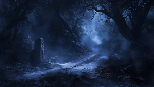Moonlit forest path winds past ruined stone pillar