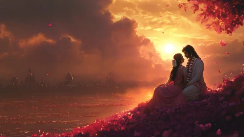 Golden Sunset Romance: Two Souls Embrace Beside a Glowing River