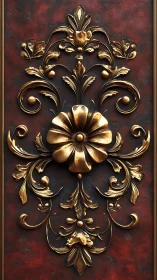 Ornate gold floral relief decorates textured red panel