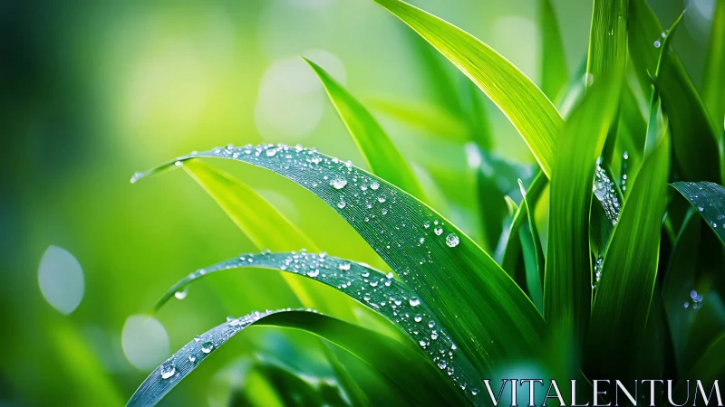 Morning dew beads on vivid green grass blades