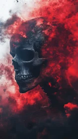 Burning skull silhouette dissolves into red drifting smoke