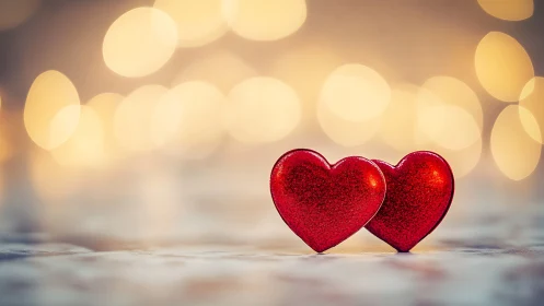 Twin Red Glitter Hearts with Warm Bokeh Ambient Lighting