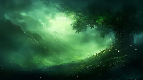 Green misty valley landscape under large solitary tree.