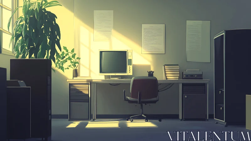 Soft morning light over a quiet, plant-filled office desk.