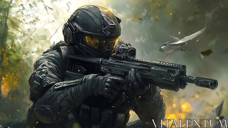 Futuristic soldier moves through glowing forest battleground.