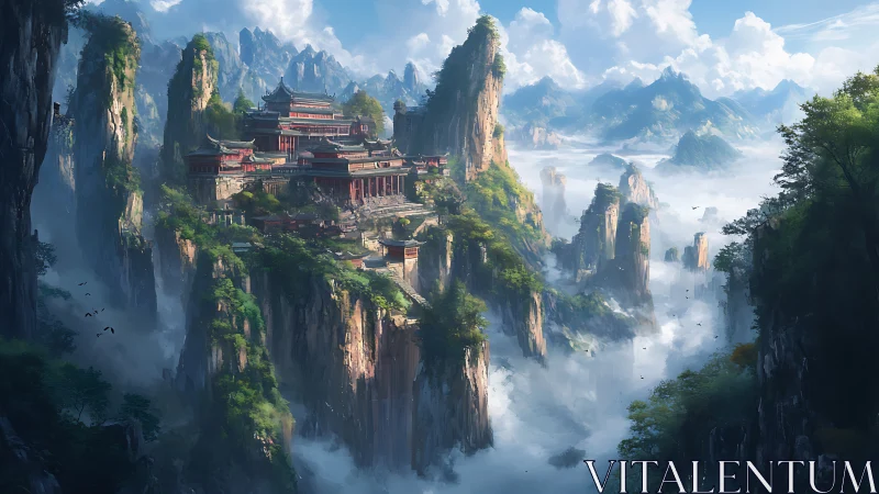 Mountain temple complex above misty cliffs and valleys.
