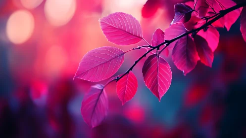 Neon dusk leaves glowing against a dreamy bokeh forest.