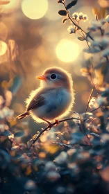 Gentle sunrise glow around a tiny, dreamy garden bird.