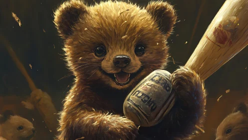 Digital rendering shows bear cub gripping wooden bat firmly