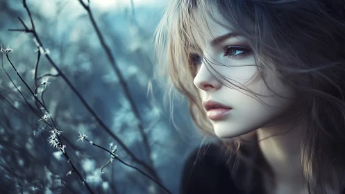 Winter-breath daydreamer in a frostbitten thicket gaze.