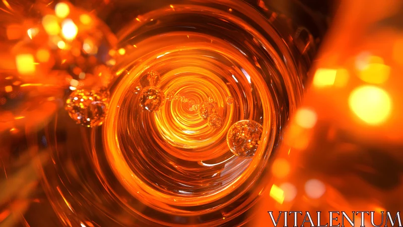 Abstract swirling orange vortex with glowing orbs, digital art style.