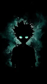 Silhouetted figure stands before teal abstract smoke field