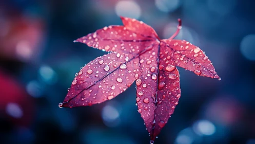 Rain-kissed crimson leaf drifting in twilight bokeh hush.