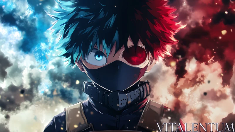 Masked split-flame prodigy framed by storming nebulae.