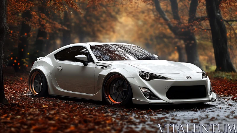 Slammed white sports coupe glides through rich autumn forest.