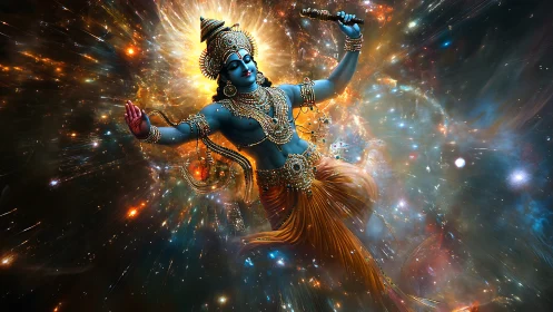 Celestial blue deity dances amid swirling cosmic starlight