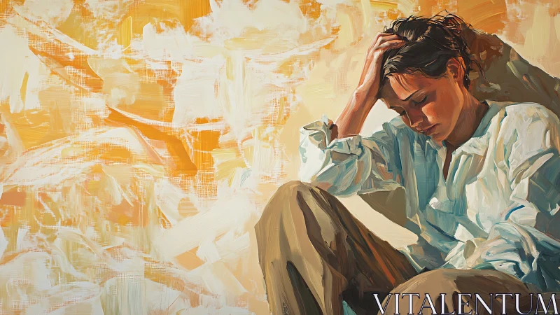 Sunlit worries pool around the seated dreamer in brushstrokes