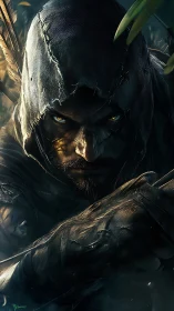 Shadowed ranger leans from the dark with fierce golden eyes