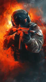 Flame-lit commando carves a path through molten smoke