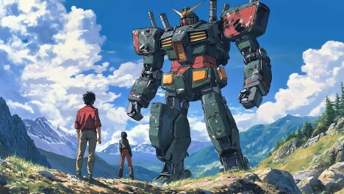 Weathered mountain mecha towers over two young wanderers