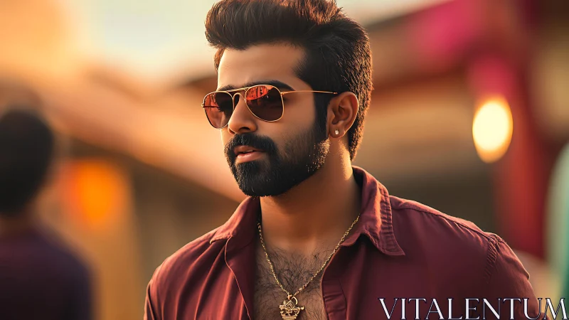 Bearded man in sunglasses against blurred urban backdrop.