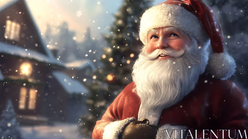 Snowlit Santa smiles beneath twinkling winter cottage glow.